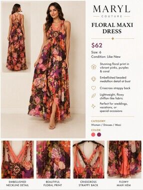 **Host Pick**Maryl Couture size 6 floor length maxi dress